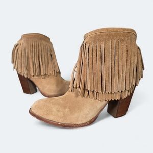 Frye Tan Heeled Boots with Fringe